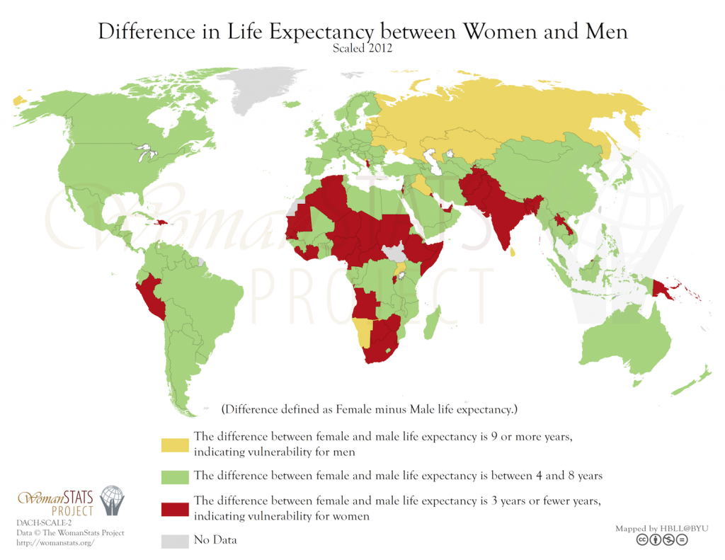 Diferencia de esperanza de vida entre hombres y mujeres. Fuente: Woman Stats
