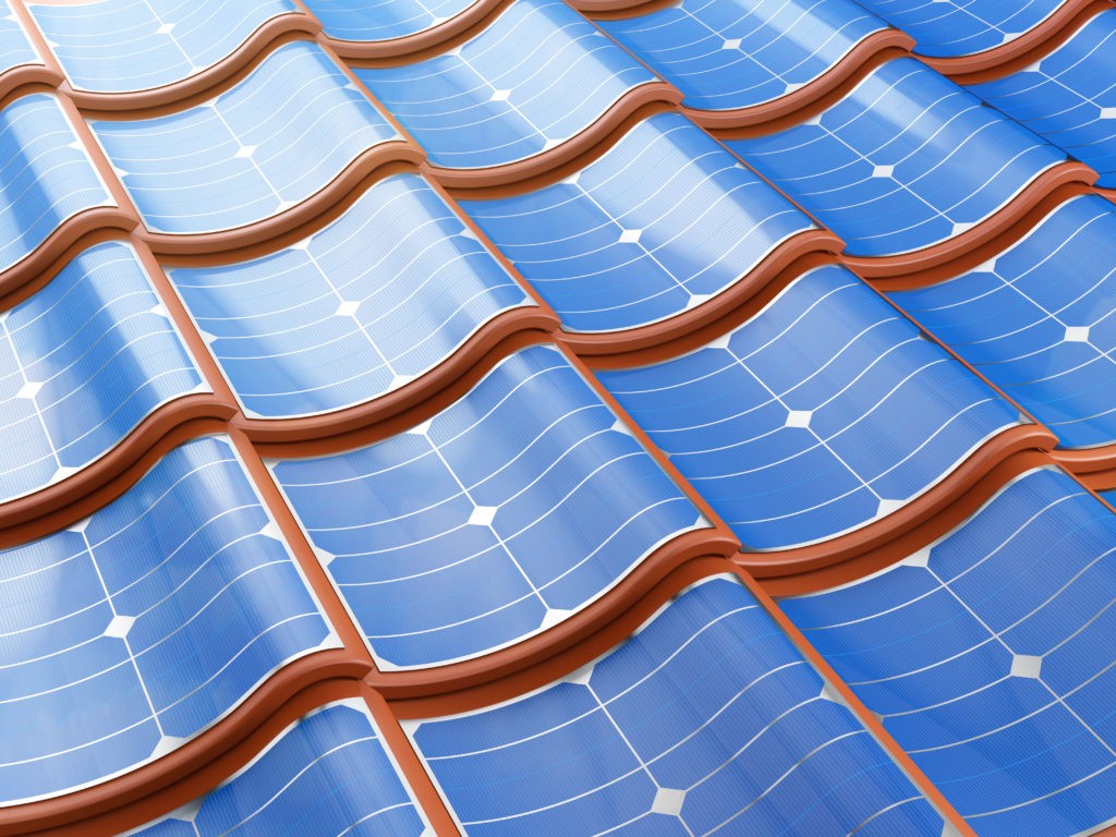 Solar panel integrates into the roof tiles. 3d illustration.