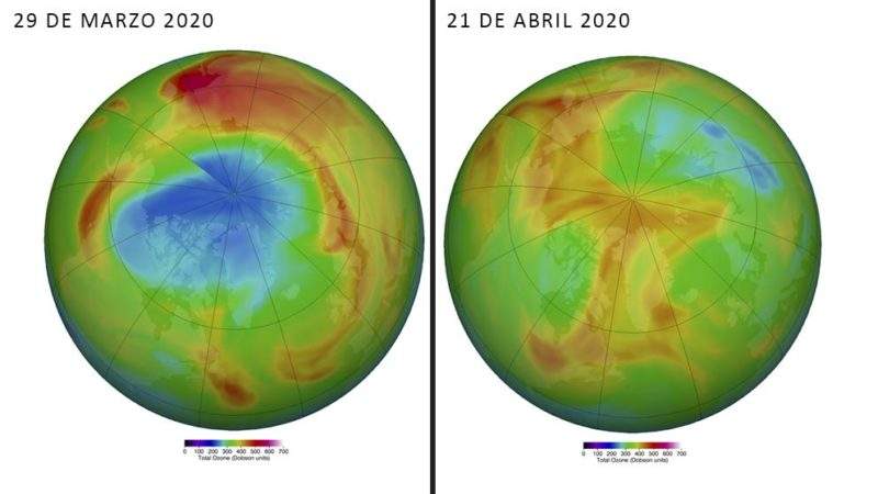Comparatica de los niveles de ozono en el Ártico el día 29 de marzo y 21 de abril de 2020. (NASA) 3